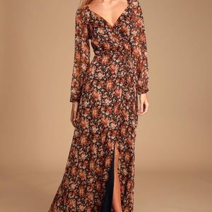 Lulu’s True to Love Black and Red Floral Print Chiffon Wrap Maxi Dress